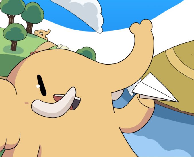 Das Mastodon-Maskottchen mit einem Papierflieger in der Hand schaut auf den Betrachter. Im Hintergrund ist eine gezeichnete Landschaft und Himmel erkennbar.
